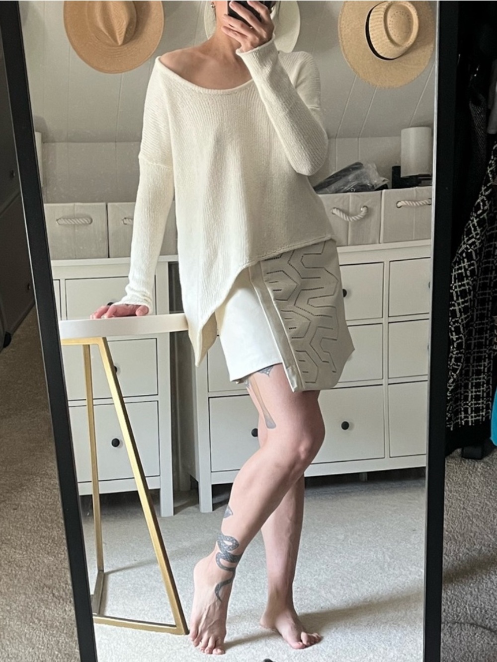 Tibi ivory Leather Skirt with Embroidered Detail